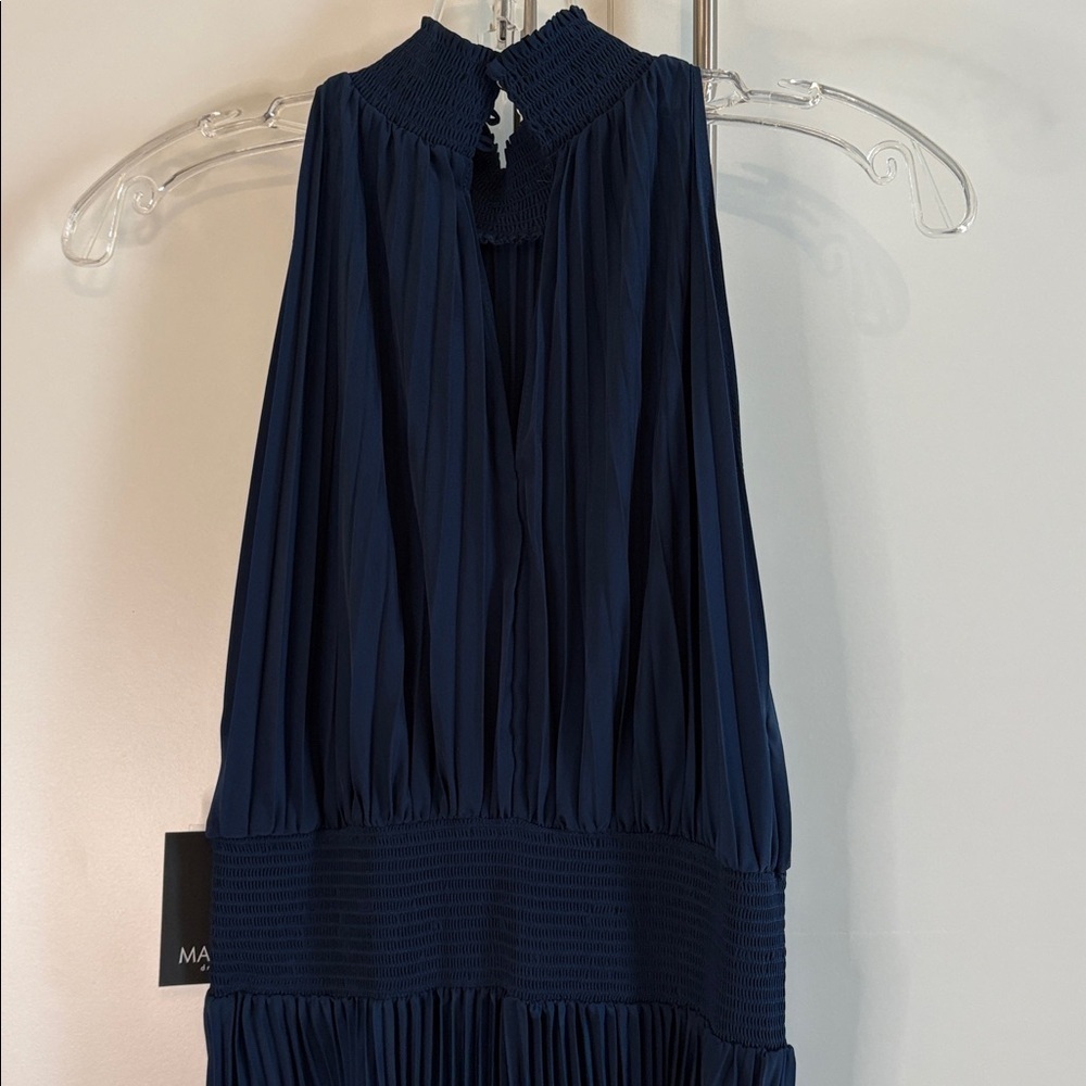 MARINA Deep Blue Knife Pleated Sleeveless Midi Dress - Picture 2 of 12